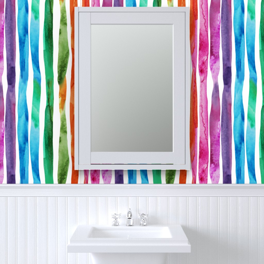 Peel-and-Stick Removable Wallpaper Rainbow Stripes Watercolor Paint Painted