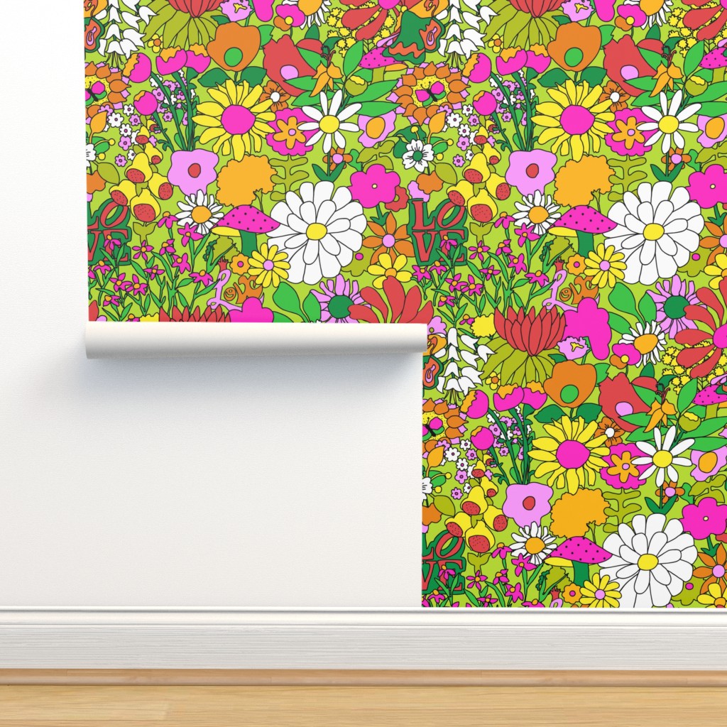 Traditional Wallpaper Groovy Garden Lime Green Flowers Psychedelic Hippie  70S | eBay