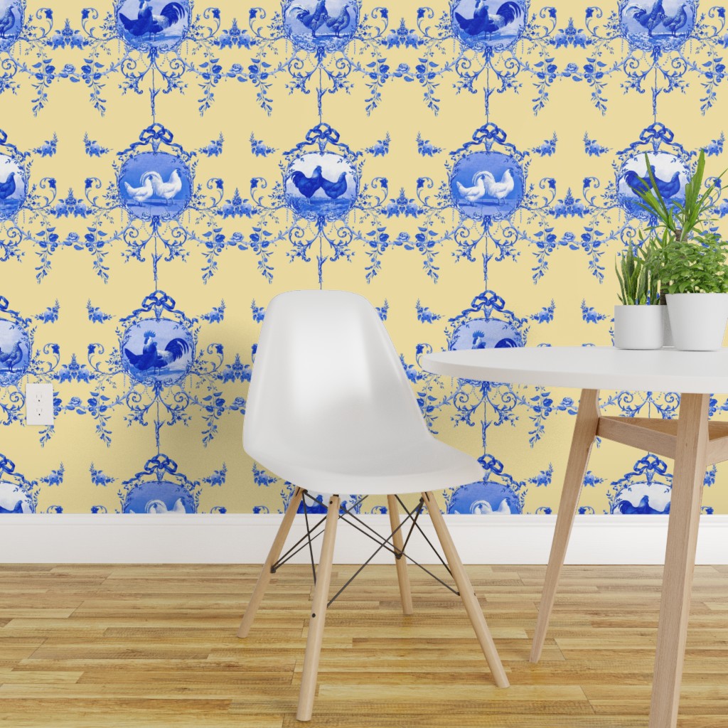 Traditional Wallpaper Rococo Cottage Chickens French Country Blue White  Toile | eBay