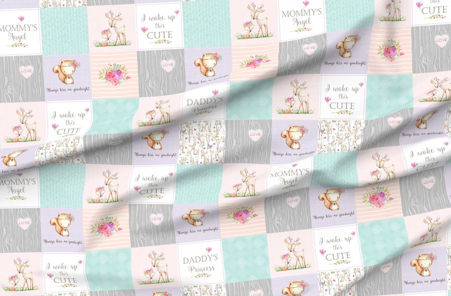 Baby Girl Woodland Patchwork Quilt Top Nursery Bedding Blanket Pink Mint