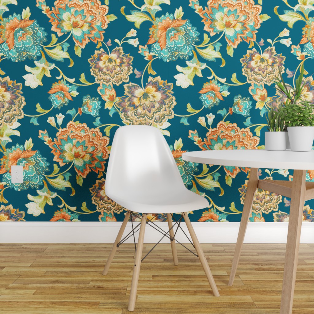 Removable Water-Activated Wallpaper Aztec Floral Flowers Feathers Mustard Blue 