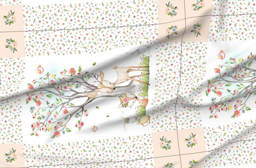 42 X36 Blanket Panel Woodland Nursery Baby Girl Bedding Deer Fox Flowering