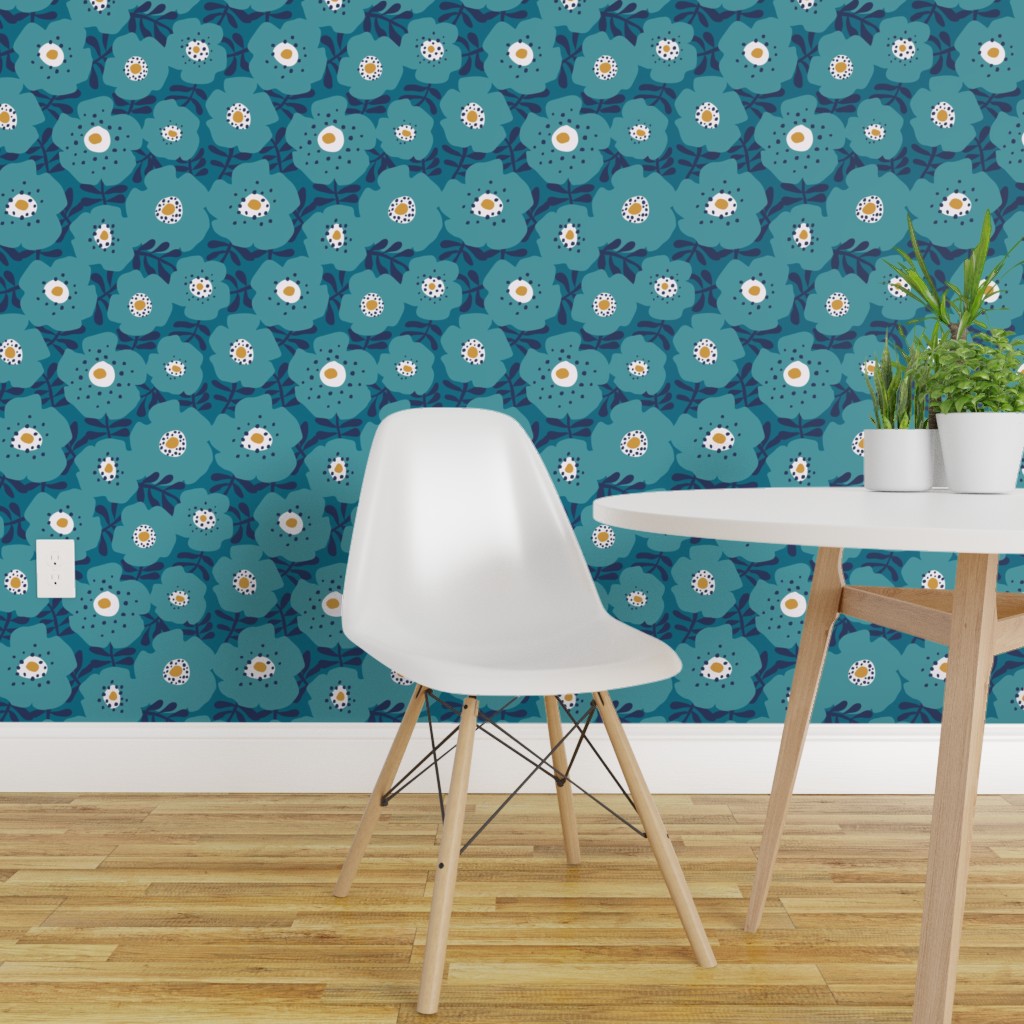 Traditional Wallpaper Big Blue Flowers Bold | eBay