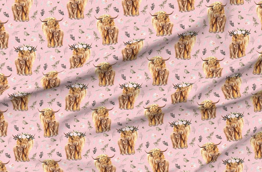7" Pink Highland Cows With Leaves And Pink Floral