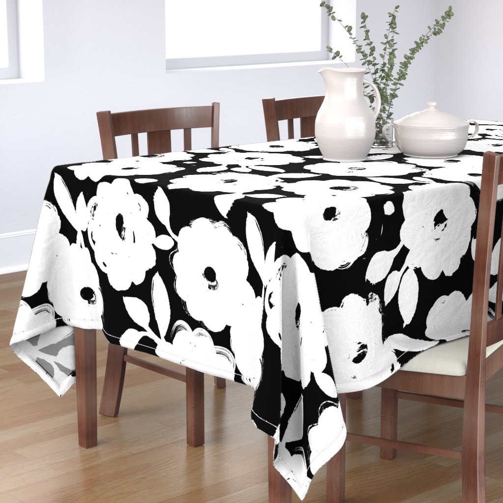 Tablecloth Graphic Floral Black And White Large Scale Flowers Cotton ...
