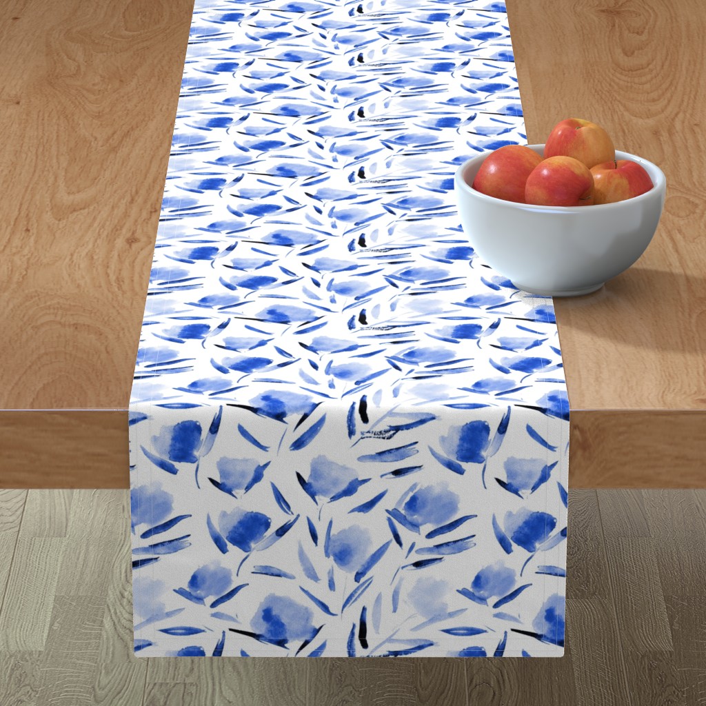 Table Runner Flowers Blue Floral Abstract Vintage Look Modern Cotton Sateen