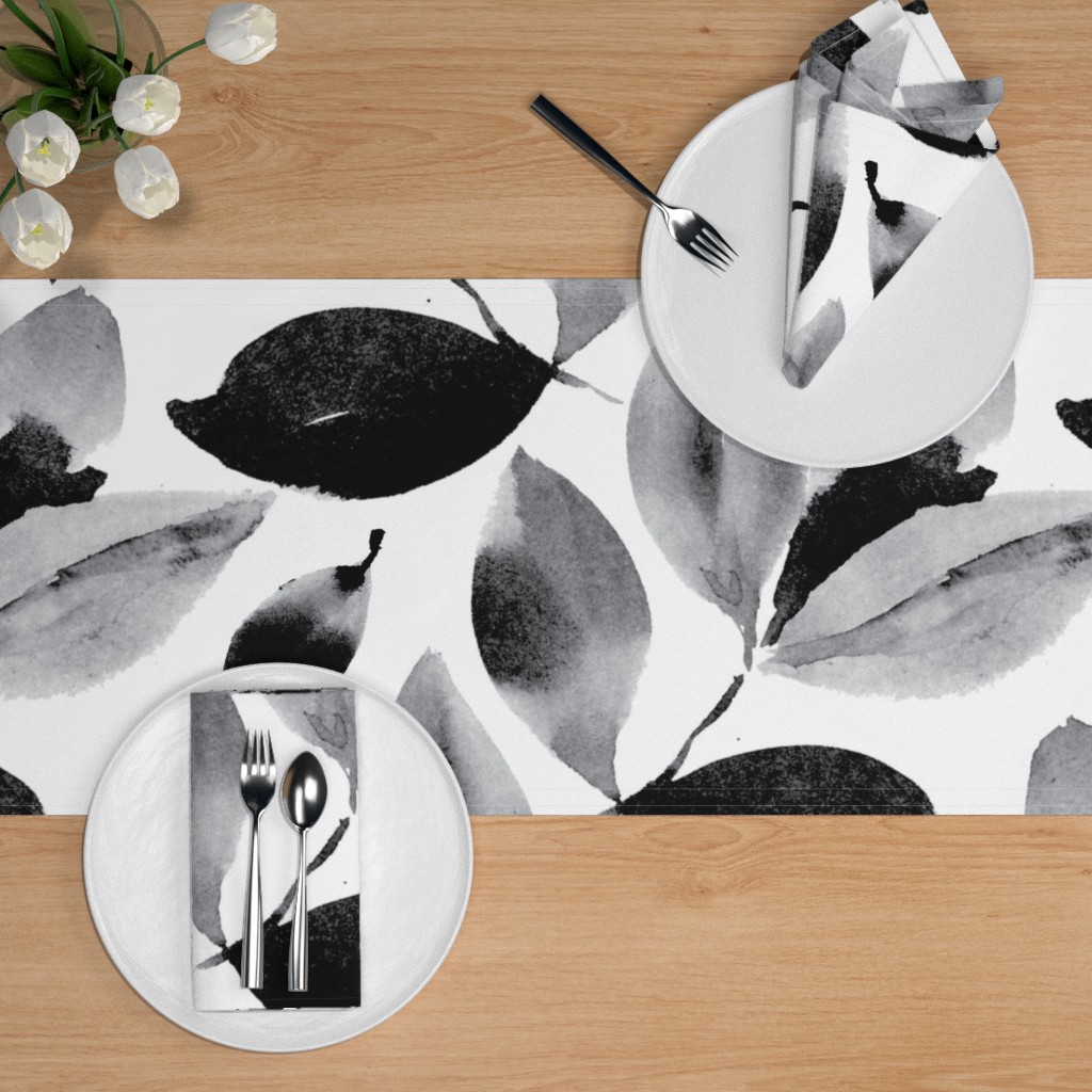 Table Runner Flowers Black And White Modern Floral Illustration Cotton Sateen 
