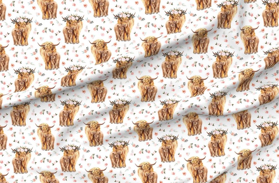 Spring Pink Floral Scottish Highland Cow