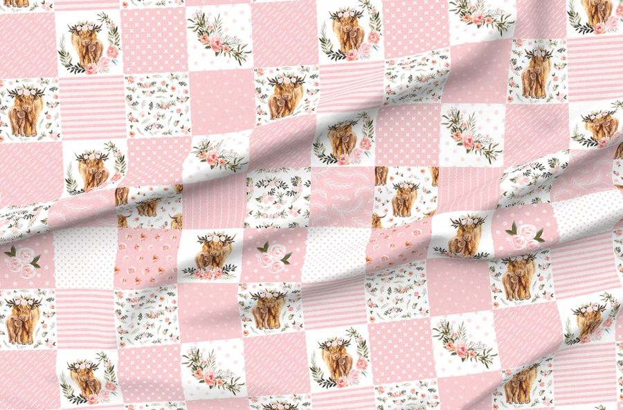 6" Pink Spring Floral Highland Cow Cheater Quilt