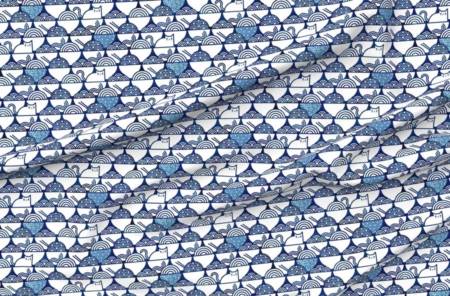 Cat Noodle Large Navy Blue And White Cute Cats Kawaii Ramen Pets