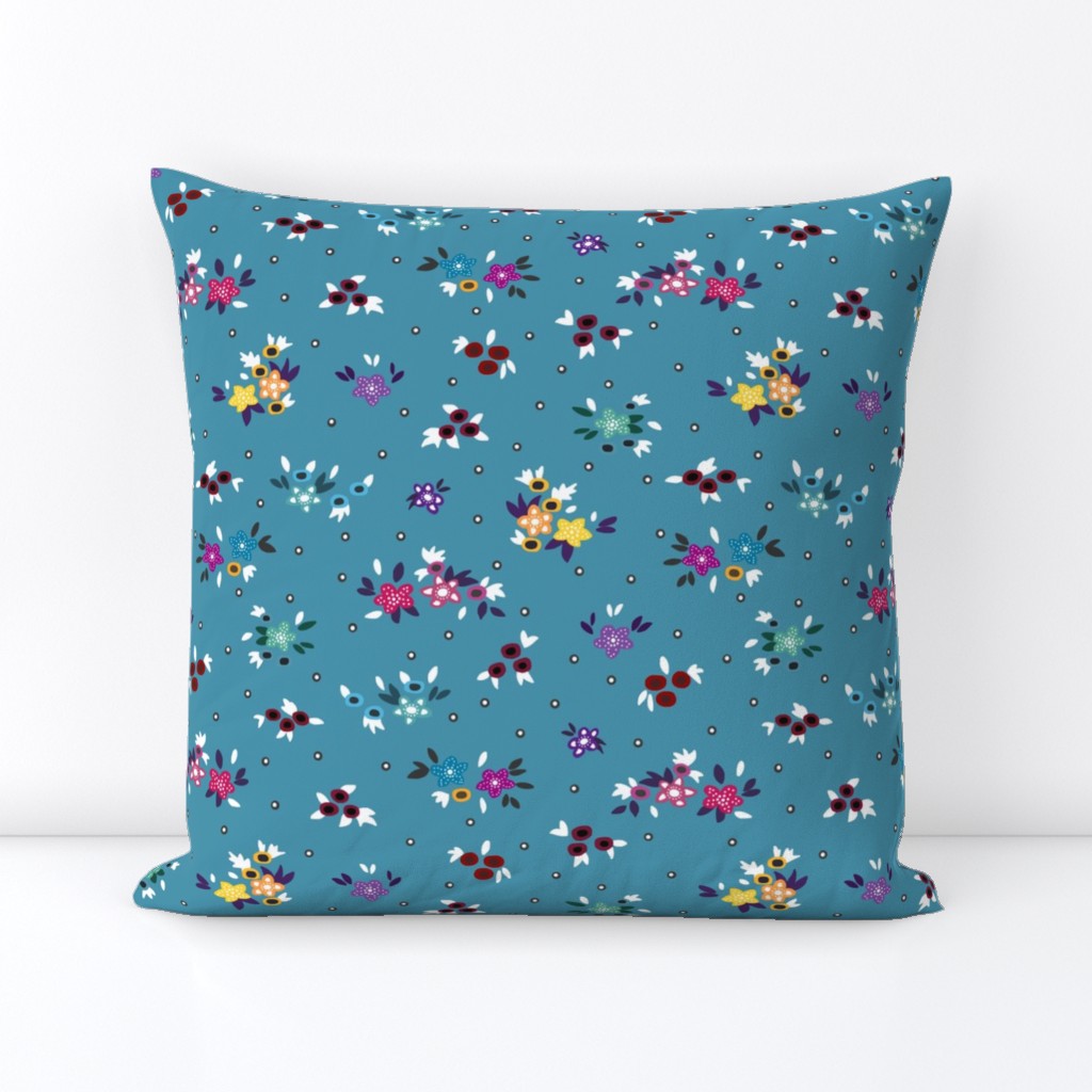 Fresh Spring Floral - dimity flowers on teal blue, medium 