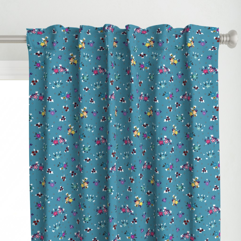 Fresh Spring Floral - dimity flowers on teal blue, medium 