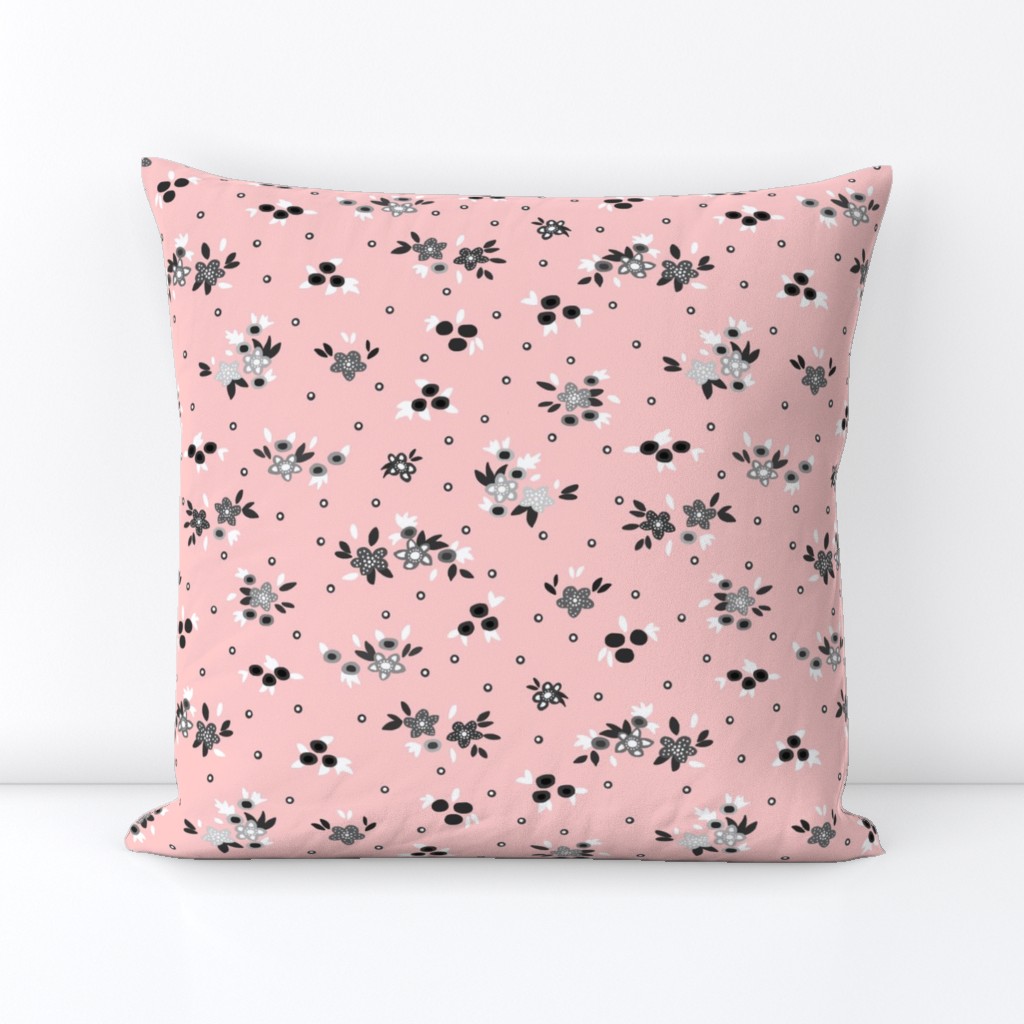 Fresh Spring Floral - dimity flowers - greyscale on pastel coral pink, medium 