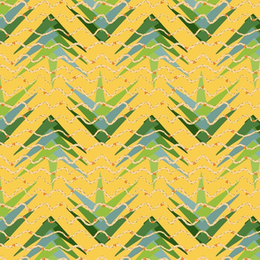 Palm Frond Merengue - wavy lines with tiny orange flowers over palm fronds on a bright yellow background