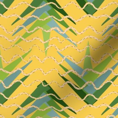 Palm Frond Rhythms - wavy yellow lines with palm flower buds over palm fronds on a bright yellow background