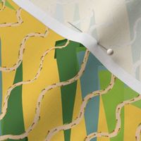 Palm Frond Rhythms - wavy yellow lines with palm flower buds over palm fronds on a bright yellow background