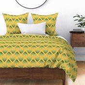 Palm Frond Rhythms - wavy yellow lines with palm flower buds over palm fronds on a bright yellow background