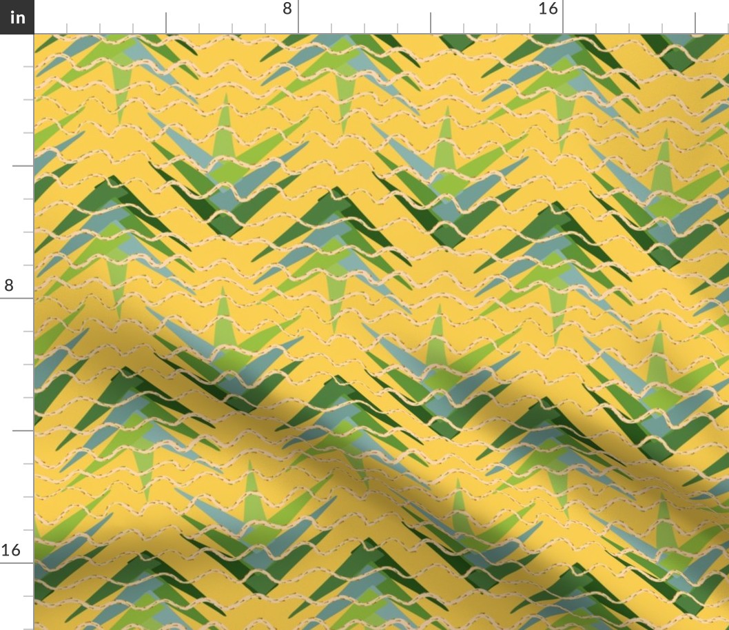 Palm Frond Rhythms - wavy yellow lines with palm flower buds over palm fronds on a bright yellow background