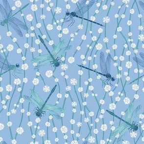 Colorful Seamless Pattern with  Spring Blossoms and Dragonflies