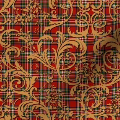 Mauna Damask ~ Gilt on Royal Stewart Tartan Red  