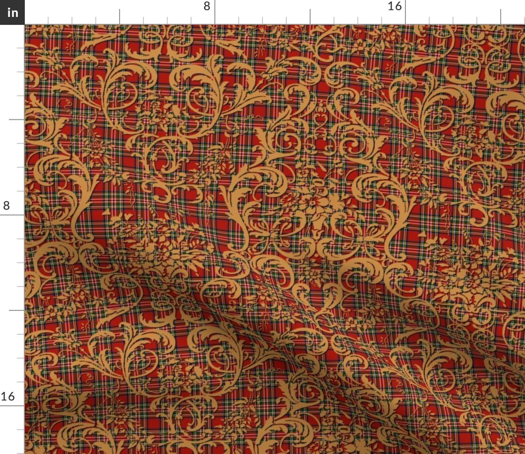 Mauna Damask ~ Gilt on Royal Stewart Tartan Red  