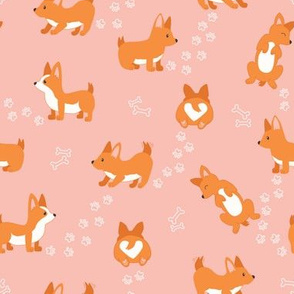 Pink Playful Puppy Corgi , Sleeping and playing dogs and paws on Pink
