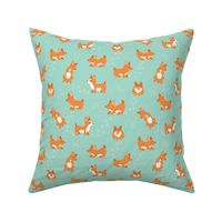 Happy Cute Playful Corgi , Sleeping and playing dogs and Paws on Mint green Background