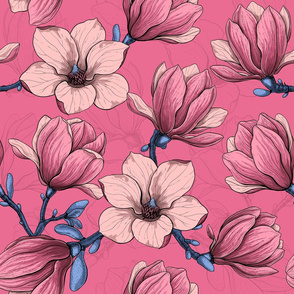 Hand drawn vector pattern, blooming pink magnolia on dark violet background