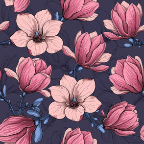 Hand drawn vector pattern, blooming pink magnolia on pink background