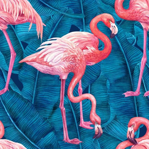 Flamingo birds on blue banana leaves