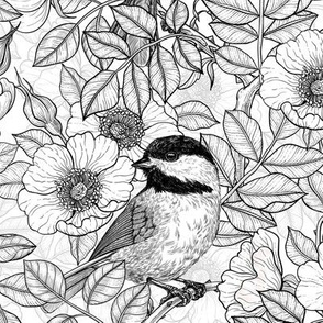 Chickadees in the wild rose, black and white