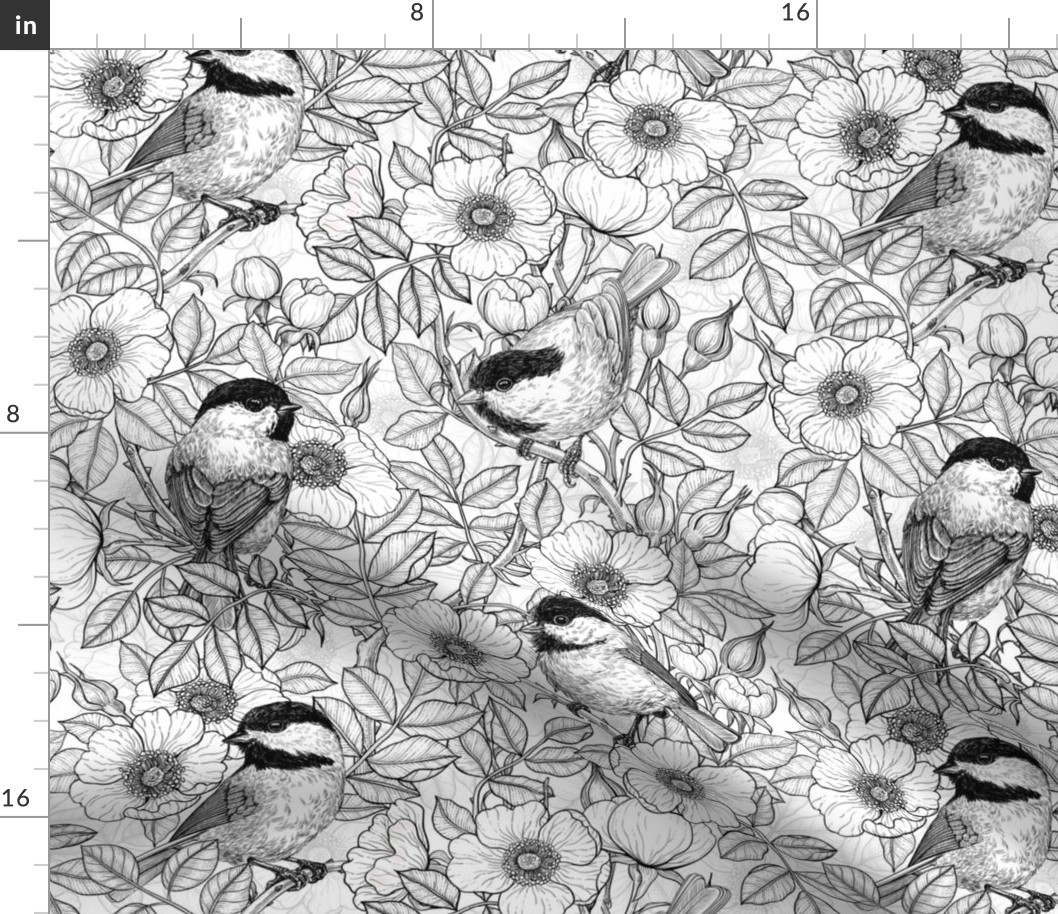 Chickadees in the wild rose, black and white