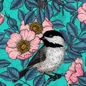 Chickadees in the wild rose, pink and blue 16"