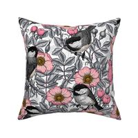 Chickadees in the wild rose, pink and gray