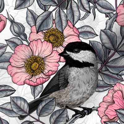 Chickadees in the wild rose, pink and gray