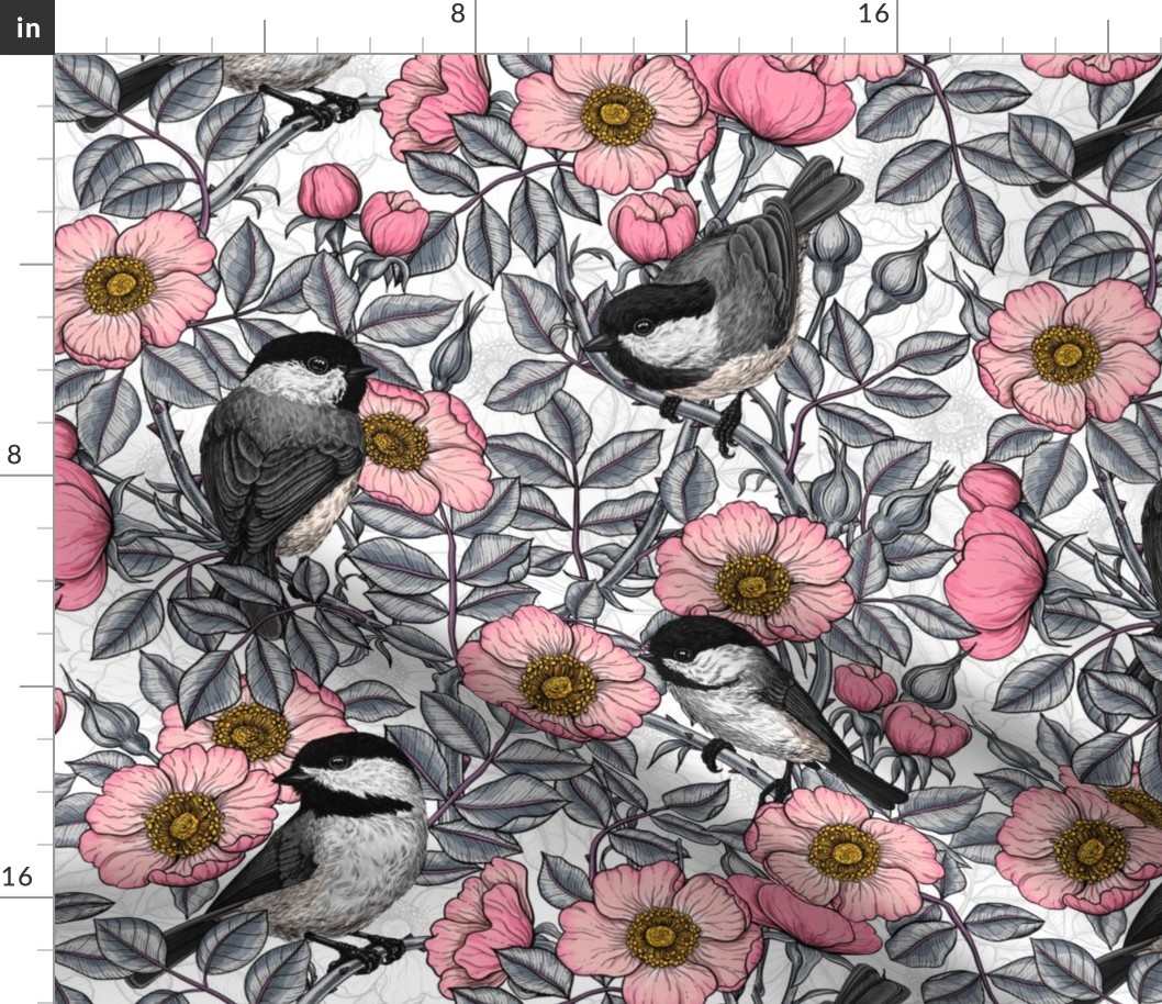 Chickadees in the wild rose, pink and gray