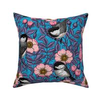 Chickadees in the wild rose, pink and violet