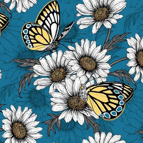 Jezebel butterflies and daisy flowers on blue