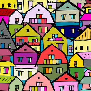 Cute country houses. Childish style. Abstract city sketch