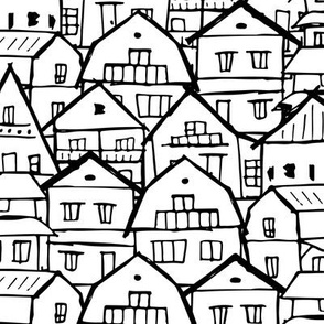 Cute country houses. Childish style. Abstract city sketch. Home decor. Print for coloring