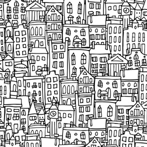   Cityscape, cute houses coloring  print. Childish style. Abstract city sketch. Home decor