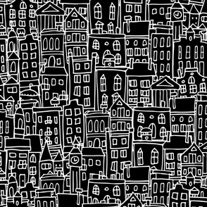    Cityscape, cute houses  print. Childish style. Abstract city sketch. Home decor. White outline on black