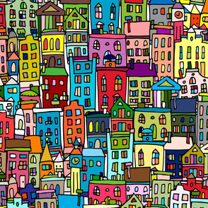 Cityscape, cute colorful houses print. Childish style. Abstract city sketch. Home decor