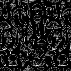  Print with funny mushrooms in the forest. White outline on black