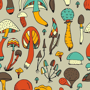    Print with funny colorful mushrooms in the forest. 