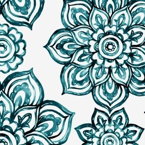 Watercolor Floral Medallion - Peacock Teal 