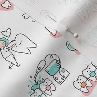 White Dentist and Orthodontics medicine fabric pattern with invisible braces, water floss irrigation, toothbrush. Oral hygiene design.
