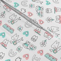 White Dentist and Orthodontics medicine fabric pattern with invisible braces, water floss irrigation, toothbrush. Oral hygiene design.