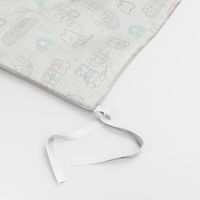 White Dentist and Orthodontics medicine fabric pattern with invisible braces, water floss irrigation, toothbrush. Oral hygiene design.