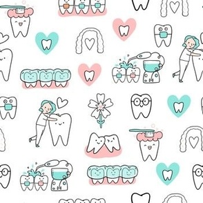 White Dentist and Orthodontics medicine fabric pattern with invisible braces, water floss irrigation, toothbrush. Oral hygiene design.